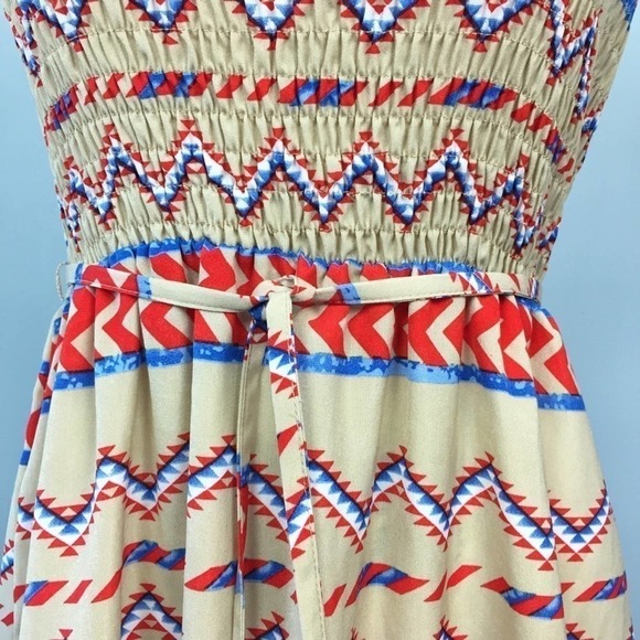 SANS Souci Smocked Strapless Aztec Tribal Print Maxi Dress Women's Size M Belted - Picture 6 of 12